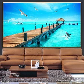 Tranh cây cầu gỗ và cá heo