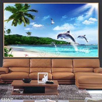 Tranh hòn đảo trên biển và cá heo