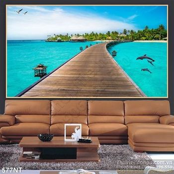 Tranh cây cầu ra biển và cá heo