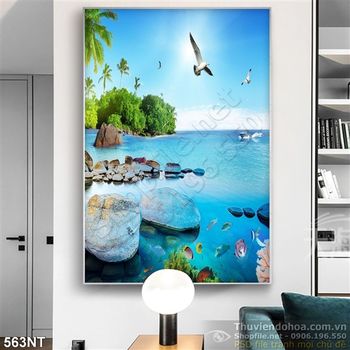 Tranh hòn sỏi và biển xanh