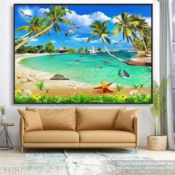 Tranh cá heo ở bãi biển nhiệt đới