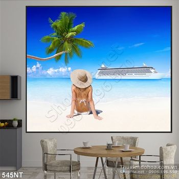 Tranh thiếu nữ tắm nắng trên bãi cát