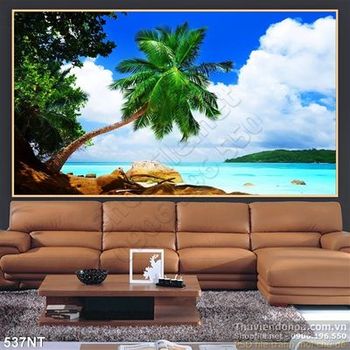 Tranh cây dừa trên biển xanh