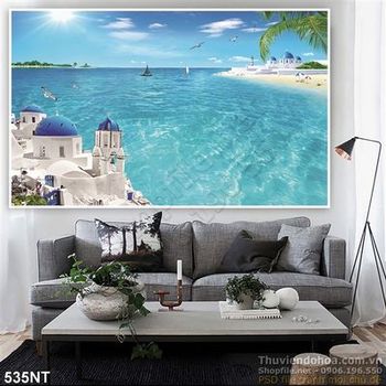 Tranh tòa lâu đại và bãi biển đại dương