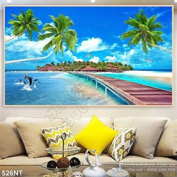 Tranh cá heo và cây cầu trên biển