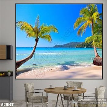Tranh hàng dừa và bãi biển xanh
