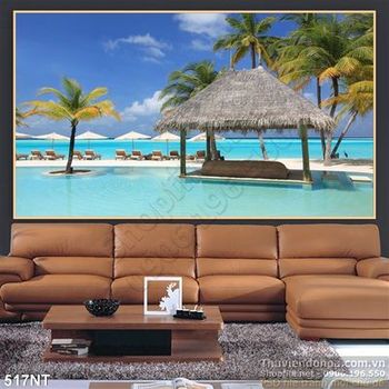 Tranh khu nghỉ dưỡng hiện đại trên biển