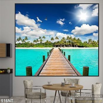 Tranh cây cầu đi đến hòn đảo trên biển