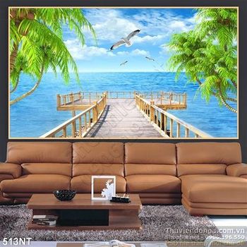 Tranh cây cầu đi ra biển và hải âu