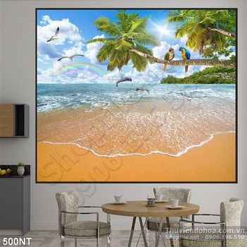 Tranh cá heo và bãi biển trang trí phòng khách