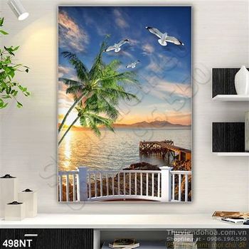 Tranh ban công nhìn ra bình minh trên biển