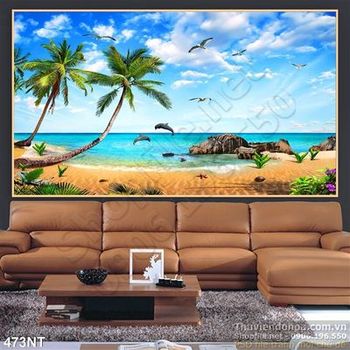 Tranh đảo trên đại dương và cá heo