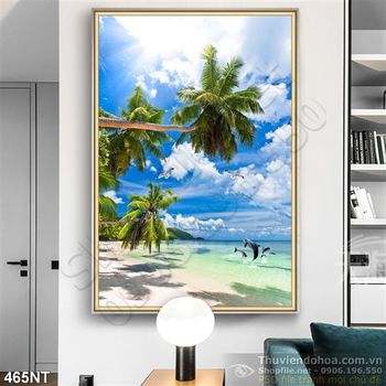 Tranh cây dừa trên bãi biển và cá heo
