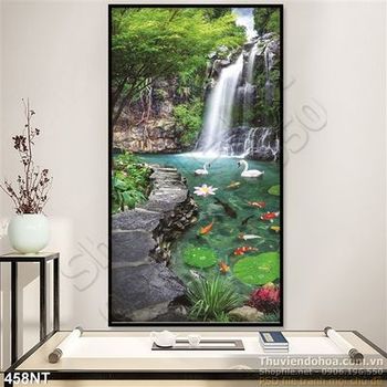 Tranh phong cảnh cá chép Koi và thác nước phong thủy