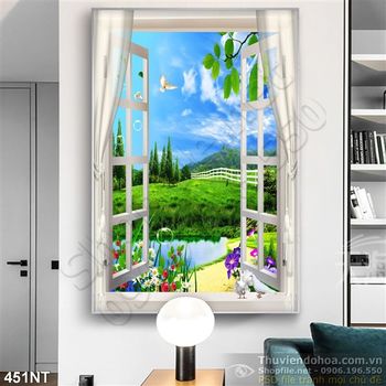 Tranh cửa sổ và đồng cỏ xanh