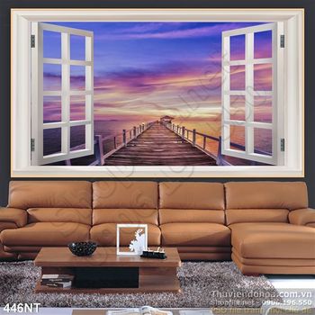 Tranh cửa sổ và cây cầu trên bình minh biển