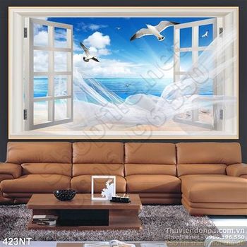 Tranh cửa sổ chim hải âu và biển xanh