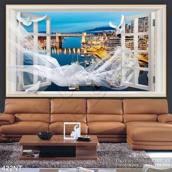 Tranh cửa sổ nhìn ra thành phố biển
