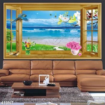 Tranh cửa sổ nhìn ra đại dương xanh