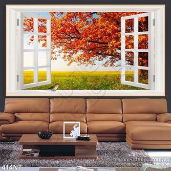 Tranh cửa sổ và cây cổ thụ mùa thu