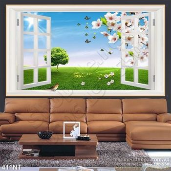 Tranh cửa sổ nhìn ra cánh đồng cỏ mùa xuân