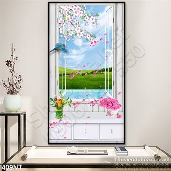 Tranh cửa sổ nhìn ra phong cảnh mùa xuân