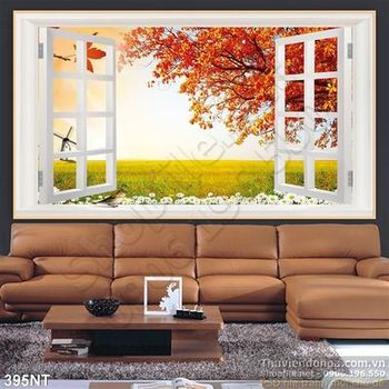 Tranh cửa sổ mùa thu và cối xay gió