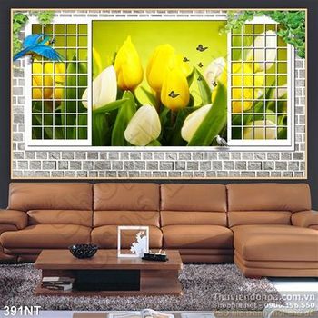 Tranh cửa sổ và hoa tulip vàng