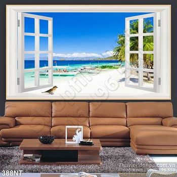 Tranh cửa sổ nhìn ra du thuyền trên biển