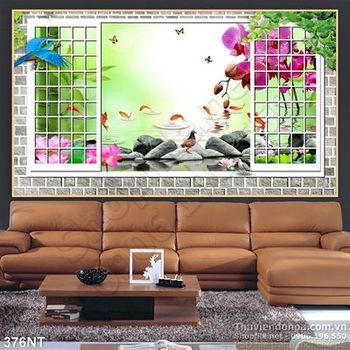 Tranh cửa sổ cá chép Koi và cây tre