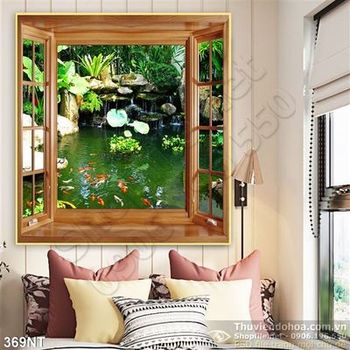 Tranh cửa sổ và cá chép Koi