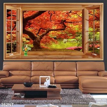 Tranh cửa sổ và cây mùa thu