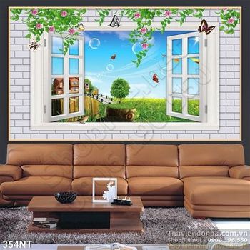 Tranh cửa sổ và đồng cỏ xanh