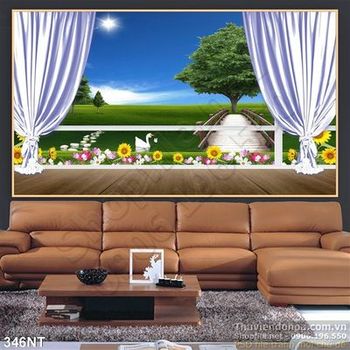 Tranh cửa sổ cây cầu và đồng cỏ xanh