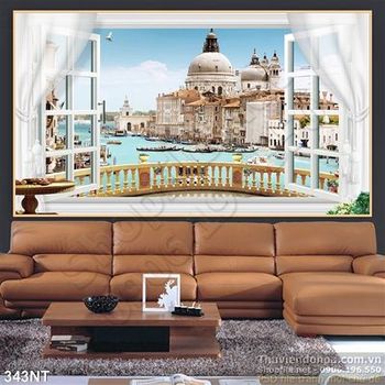 Tranh cửa sổ nhìn ra thành phố trên sông