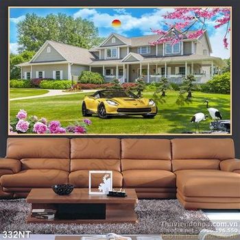 Tranh nhà biệt tự và xe ô tô
