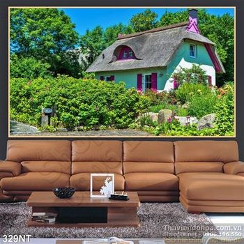Tranh ngộ nhà nhỏ và vườn cây