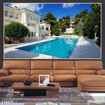 Tranh biệt thự và hồ bơi phong cách Châu Âu
