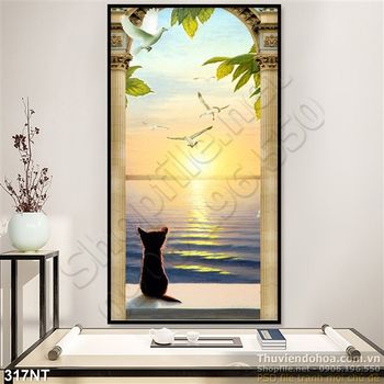 Tranh cửa sổ và chú mèo con