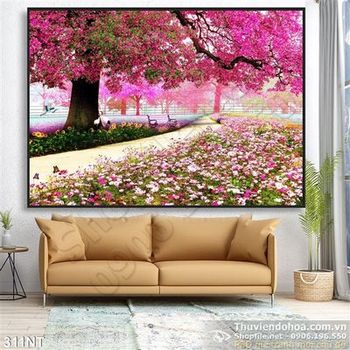 Tranh công viên hoa màu xuân