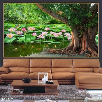 Tranh cây bồ đề và hoa Sen