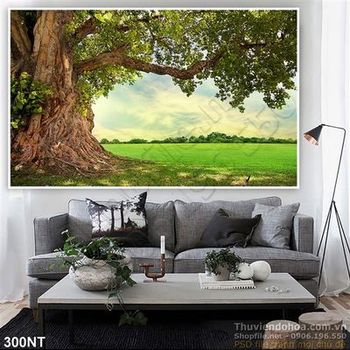 Tranh cây cổ thụ và cánh đồng