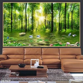 Tranh phong cảnh rừng và chim thiên nga