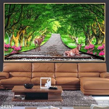 Tranh con đường gỗ vào khu rừng