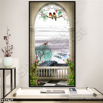 Tranh thư pháp dòng sông chim én