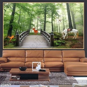 Tranh cây cầu và phong cảnh rừng