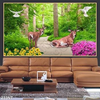 Tranh đôi hươu và khu rừng xanh