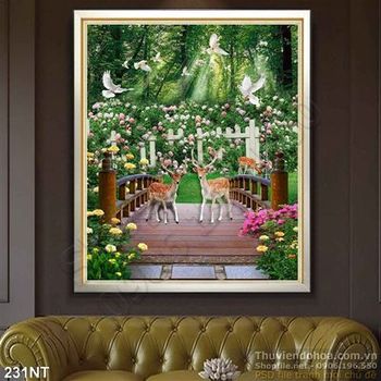 Tranh khu vườn hoa hồng và đàn hươu