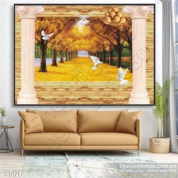 Tranh khu rừng mùa thu và chim bồ câu