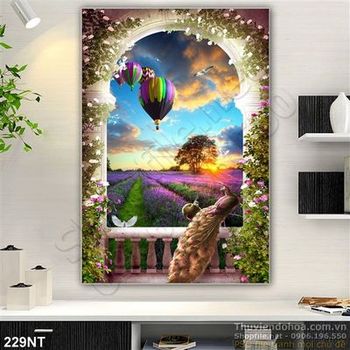 Tranh cửa sổ và cánh đồng hoa oải hương